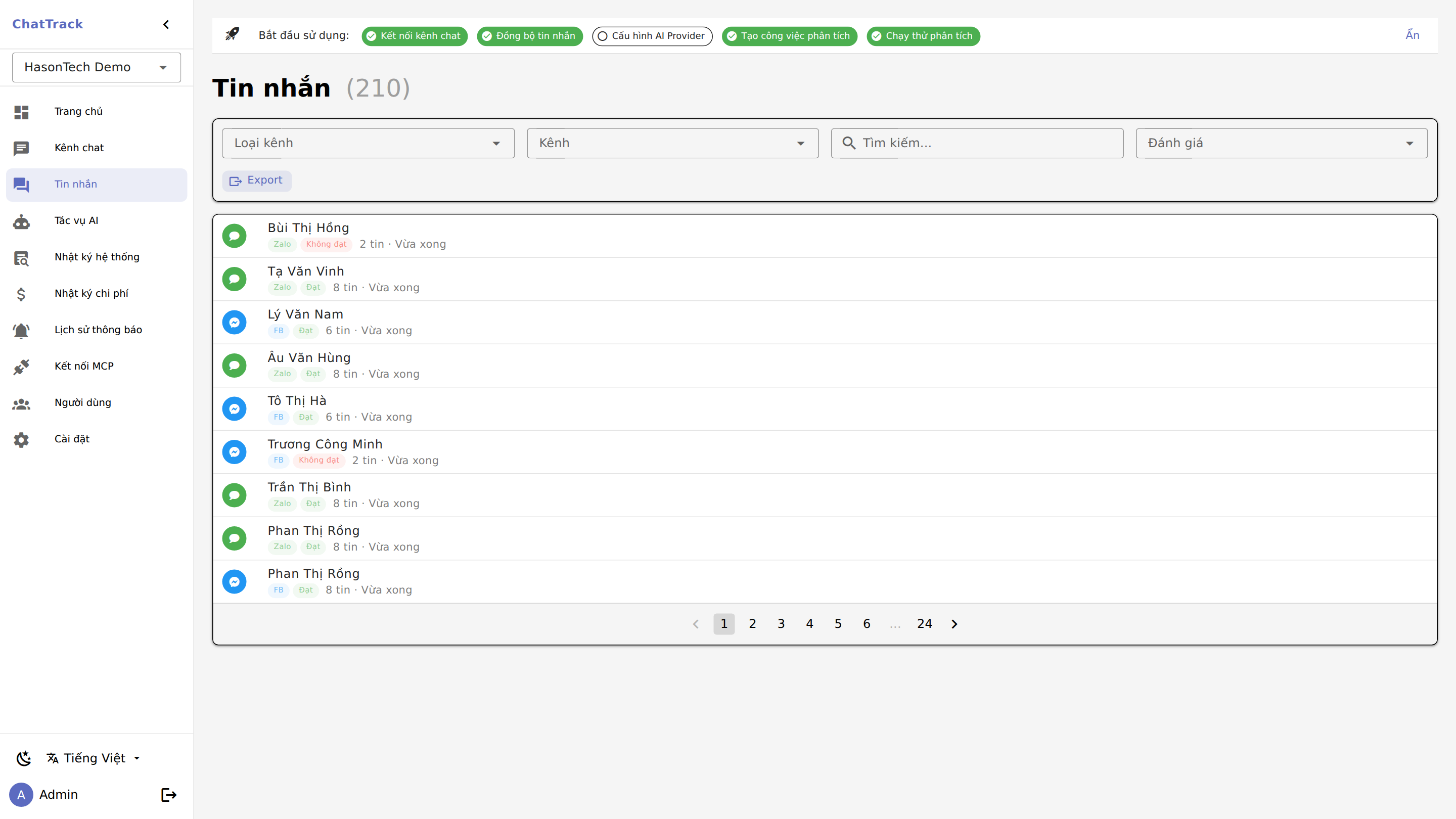 Chi tiết tin nhắn và đánh giá AI cho từng cuộc chat