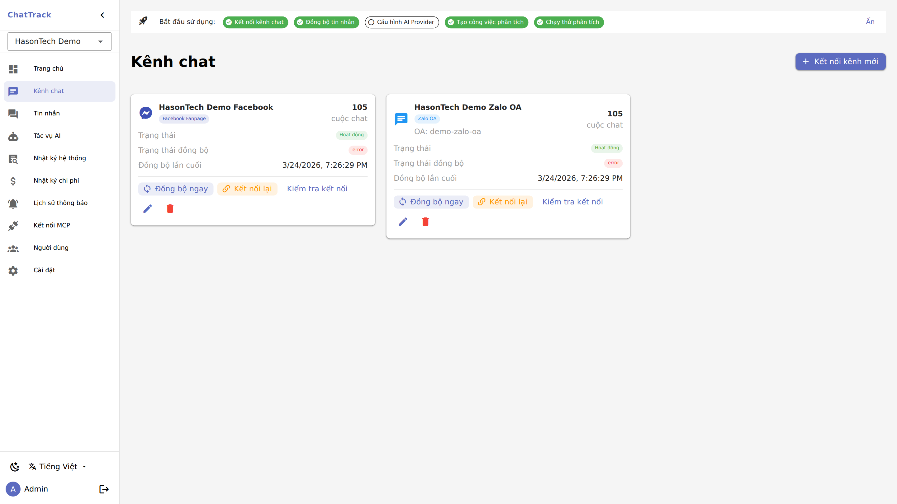 Kết nối kênh chat Zalo OA và Facebook Messenger