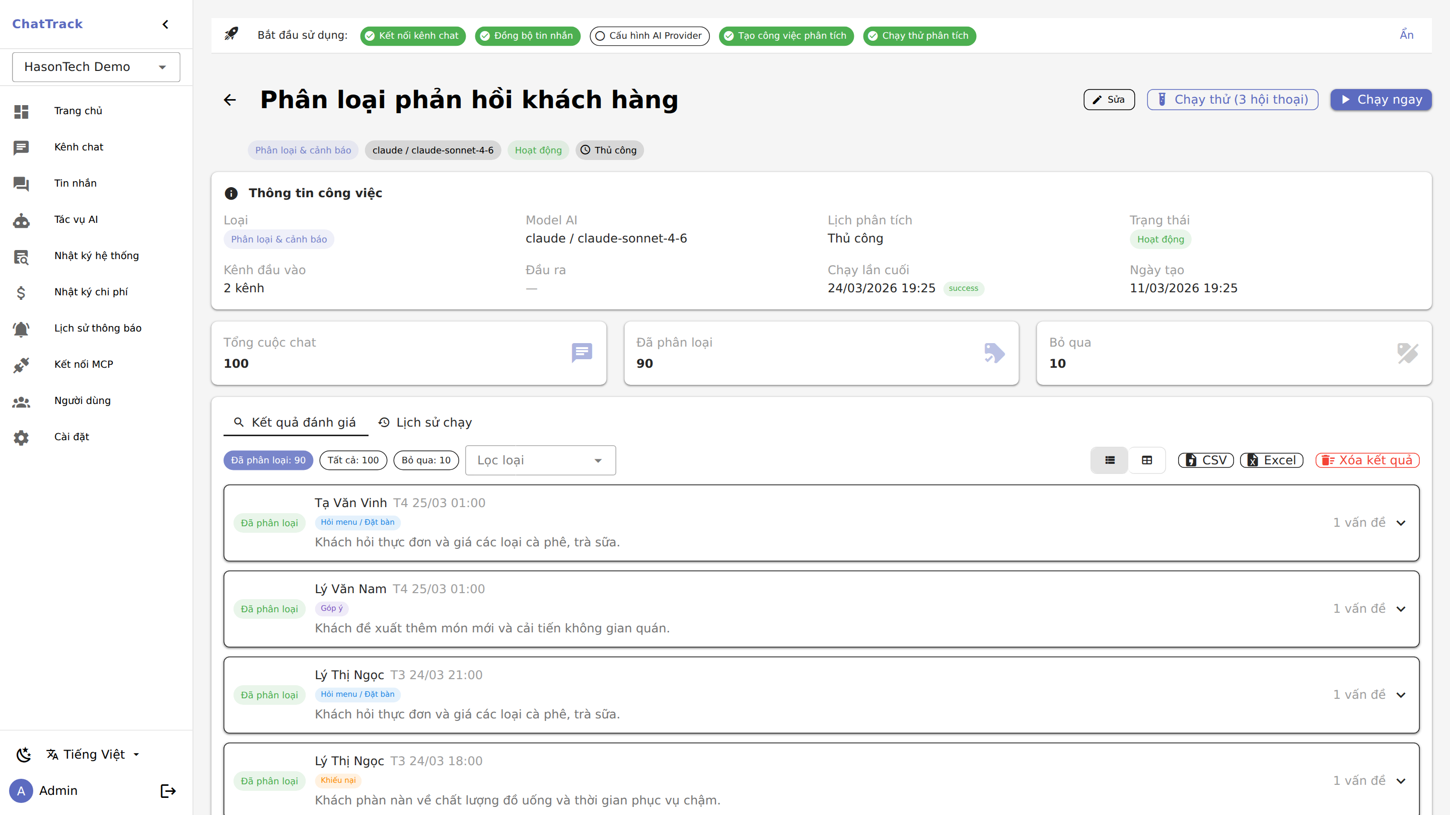 Kết quả phân loại cuộc chat theo chủ đề